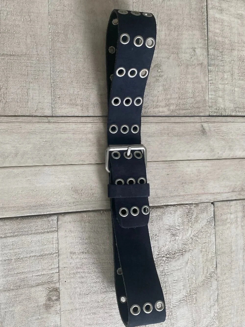 Vintage Style Black Triple Grommet Wide Belt - Silver Hardware Eyelet Punk Grung